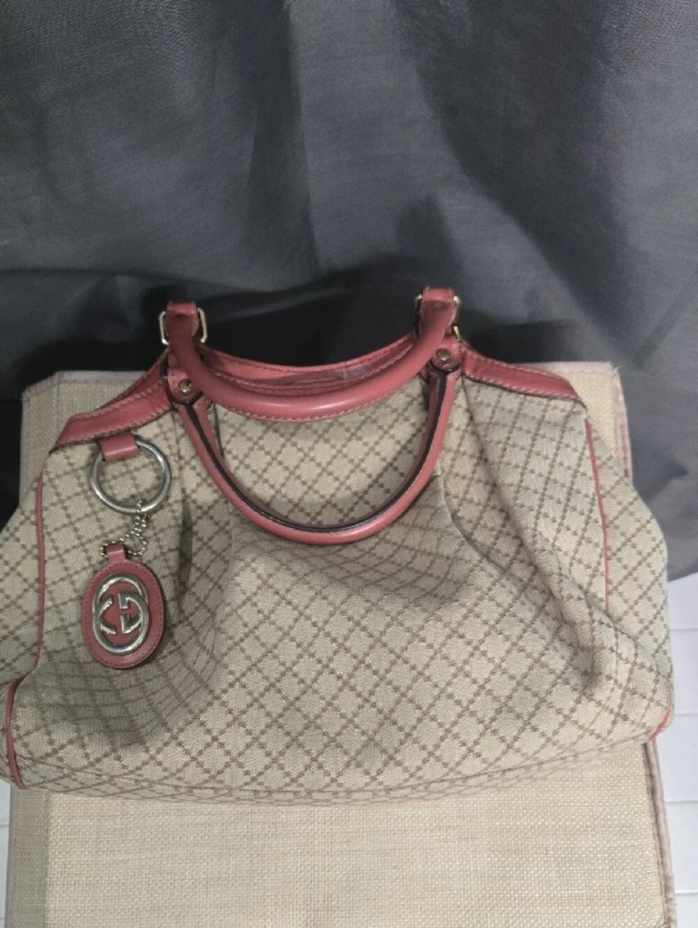 Gucci Sukey Beige Canvas Shoulder Bag with Rose Leather Trim EUC